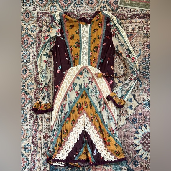 Free People Multicolor patches lace detailed Long Sleeve mesh back Dress, sz 10 - Picture 2 of 7
